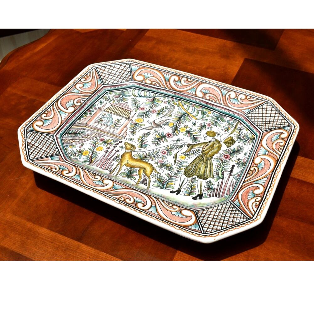 Conimbriga Portugal Hand Painted Faience Platter Sec XVII Lady & Hound 17"